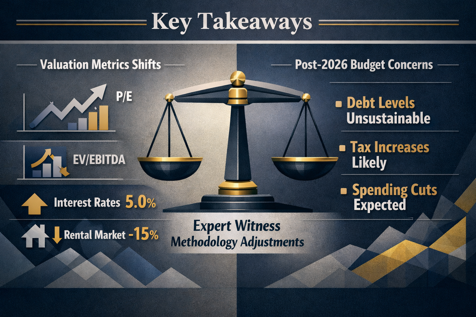 Key Takeaways section infographic: Split-screen financial landscape with left side showing abstract graph icons representing valuation metri