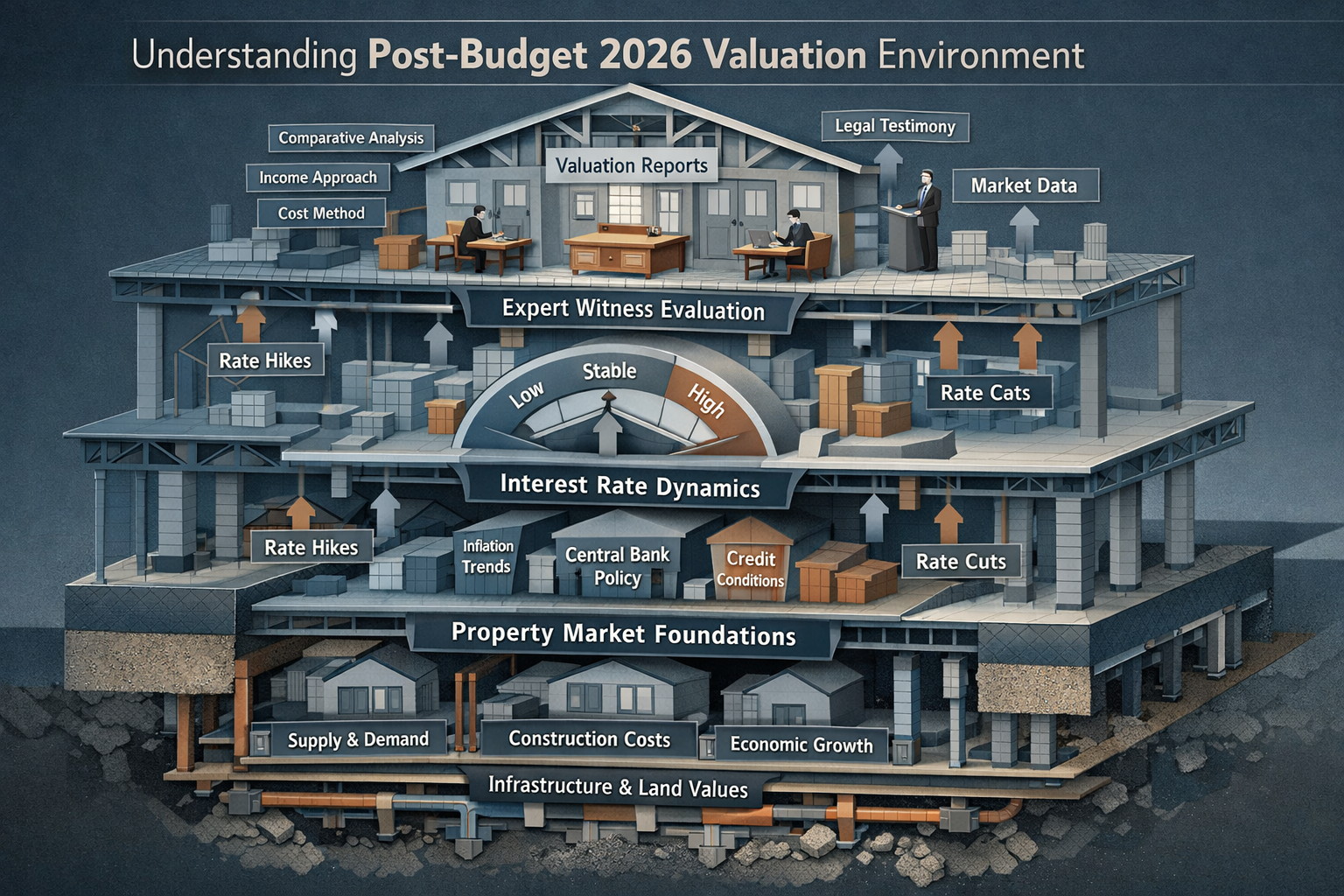 Understanding Post-Budget 2026 Valuation Environment visualization: Architectural cross-section diagram revealing interconnected economic la