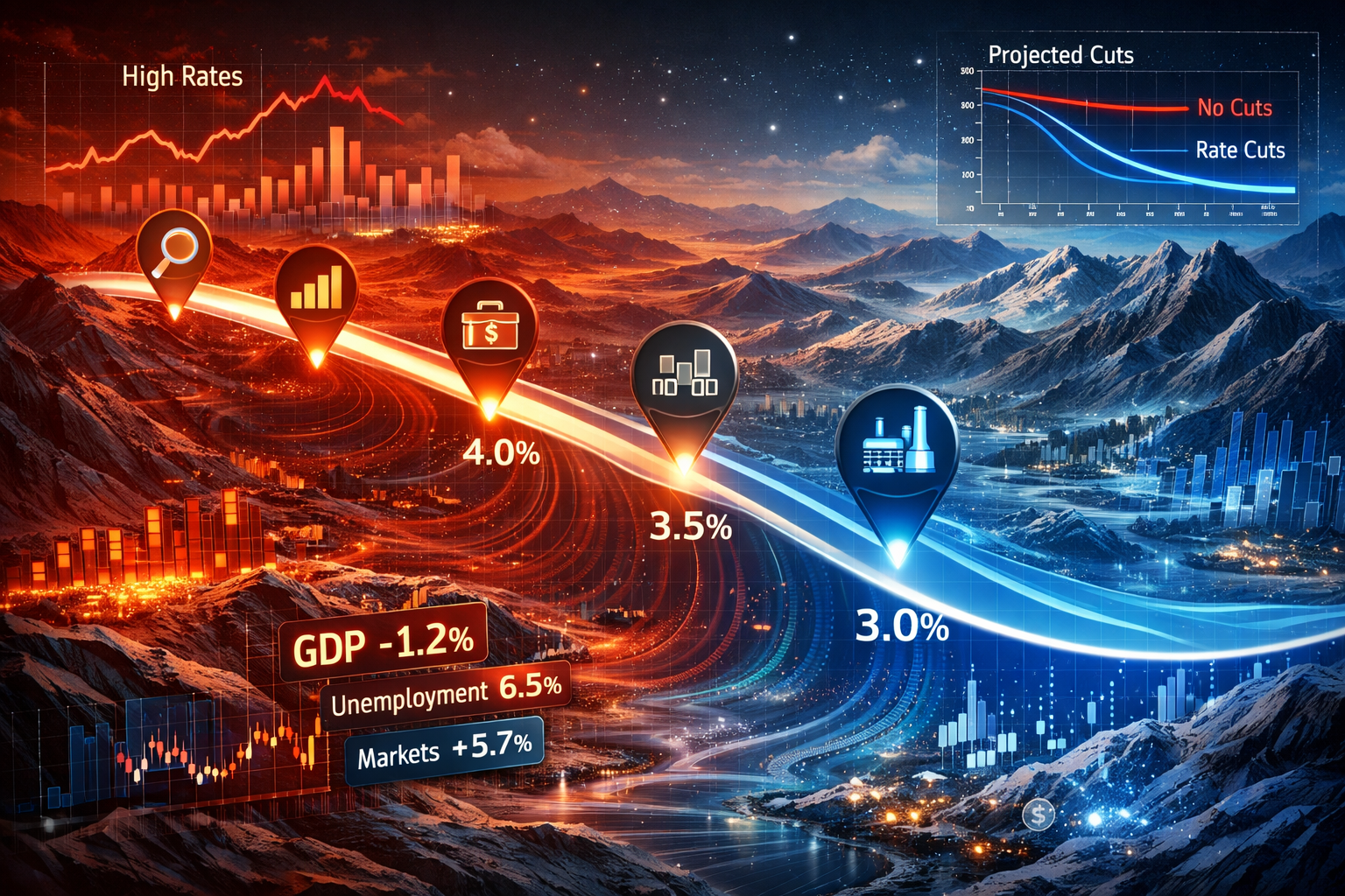 Interest Rate Cuts Impact Visualization: Dramatic financial landscape showing dynamic interest rate trajectory mapped across stylized terrai