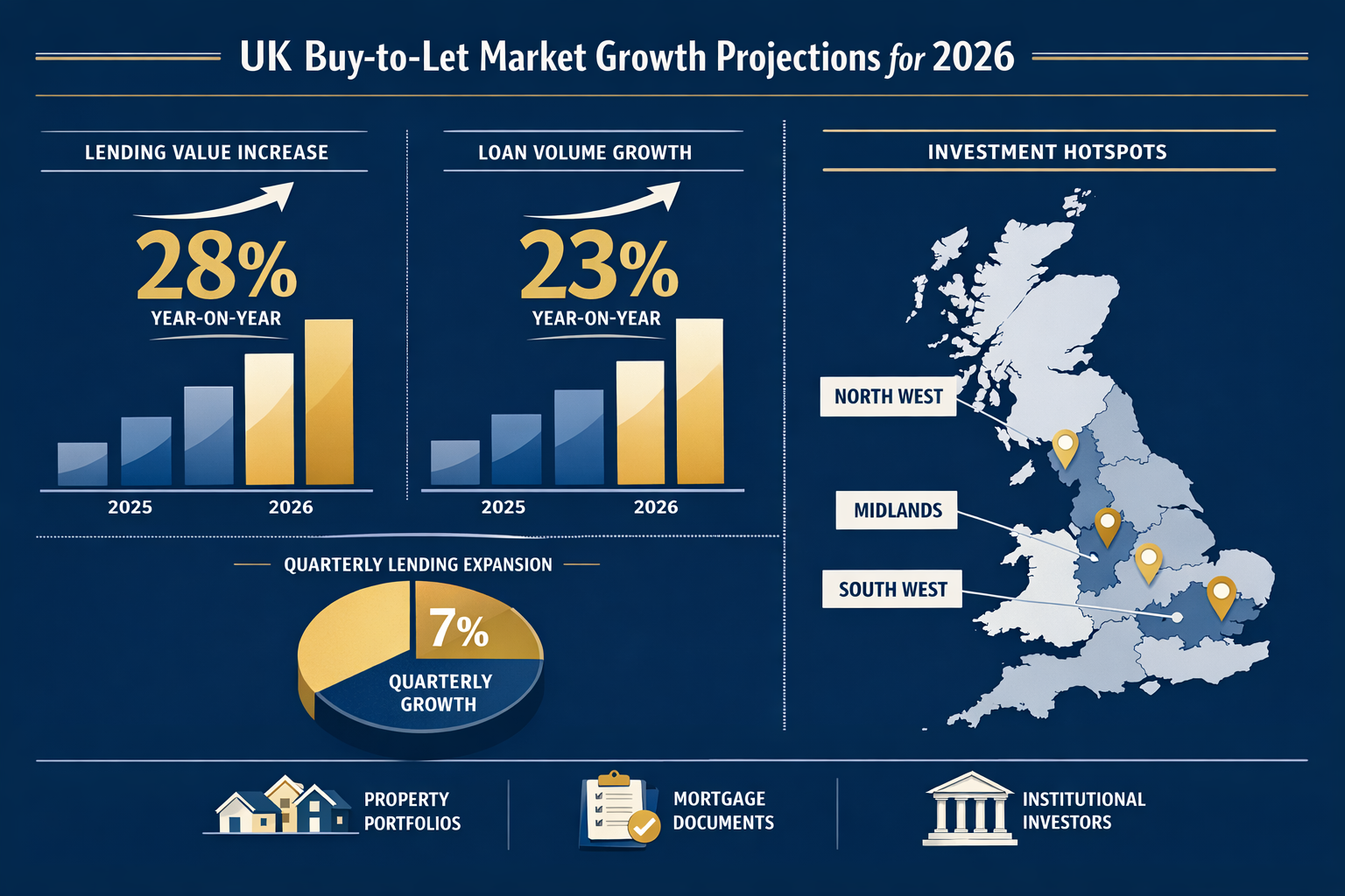 Landscape format (1536x1024) detailed infographic showing UK buy-to-let market growth statistics for 2026, featuring prominent bar charts di