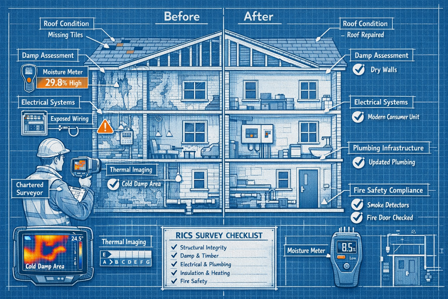 Landscape format (1536x1024) technical illustration of comprehensive building survey process showing cross-section view of multi-unit reside
