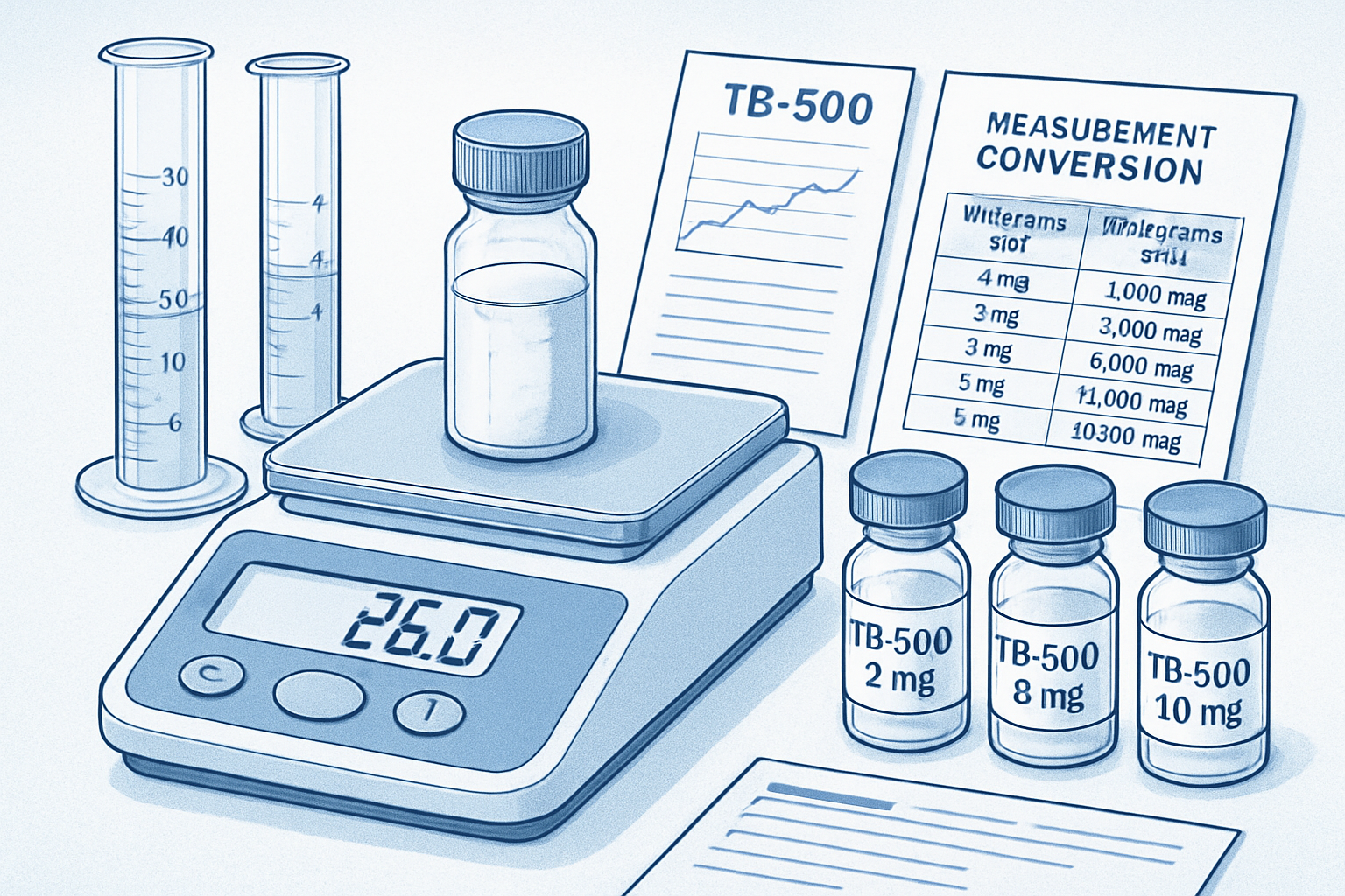 Detailed scientific illustration showing TB-500 peptide dosage measurement setup with precision laboratory scales, graduated cylinders, pept
