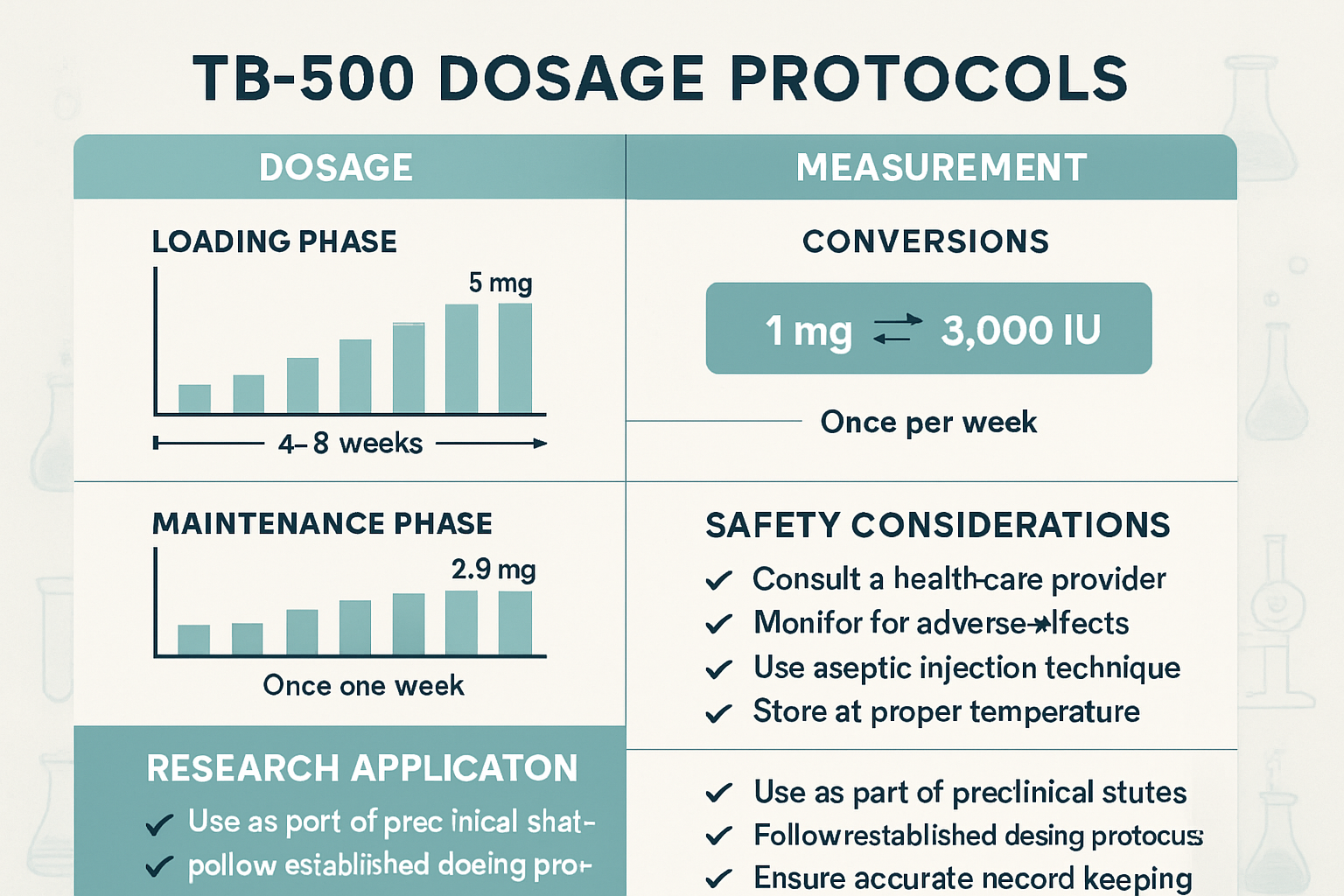 Comprehensive infographic displaying TB-500 dosage protocols with timeline charts, frequency schedules, measurement conversions from milligr