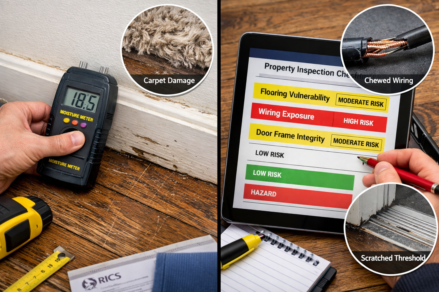 Detailed () image showing close-up split-screen comparison of rental property interior assessment. Left panel displays