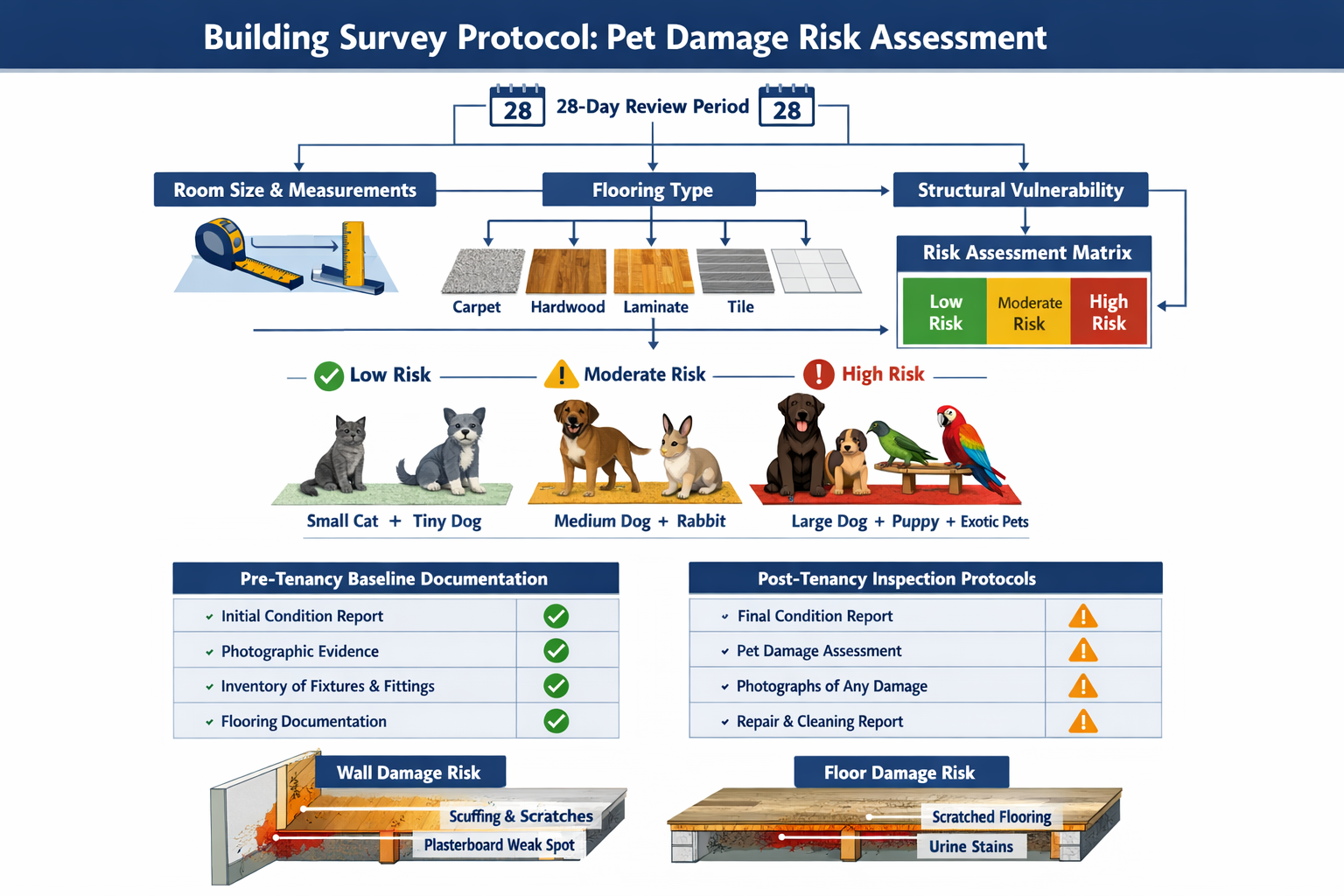 Comprehensive () infographic-style image displaying building survey protocol flowchart for pet damage risk assessment.