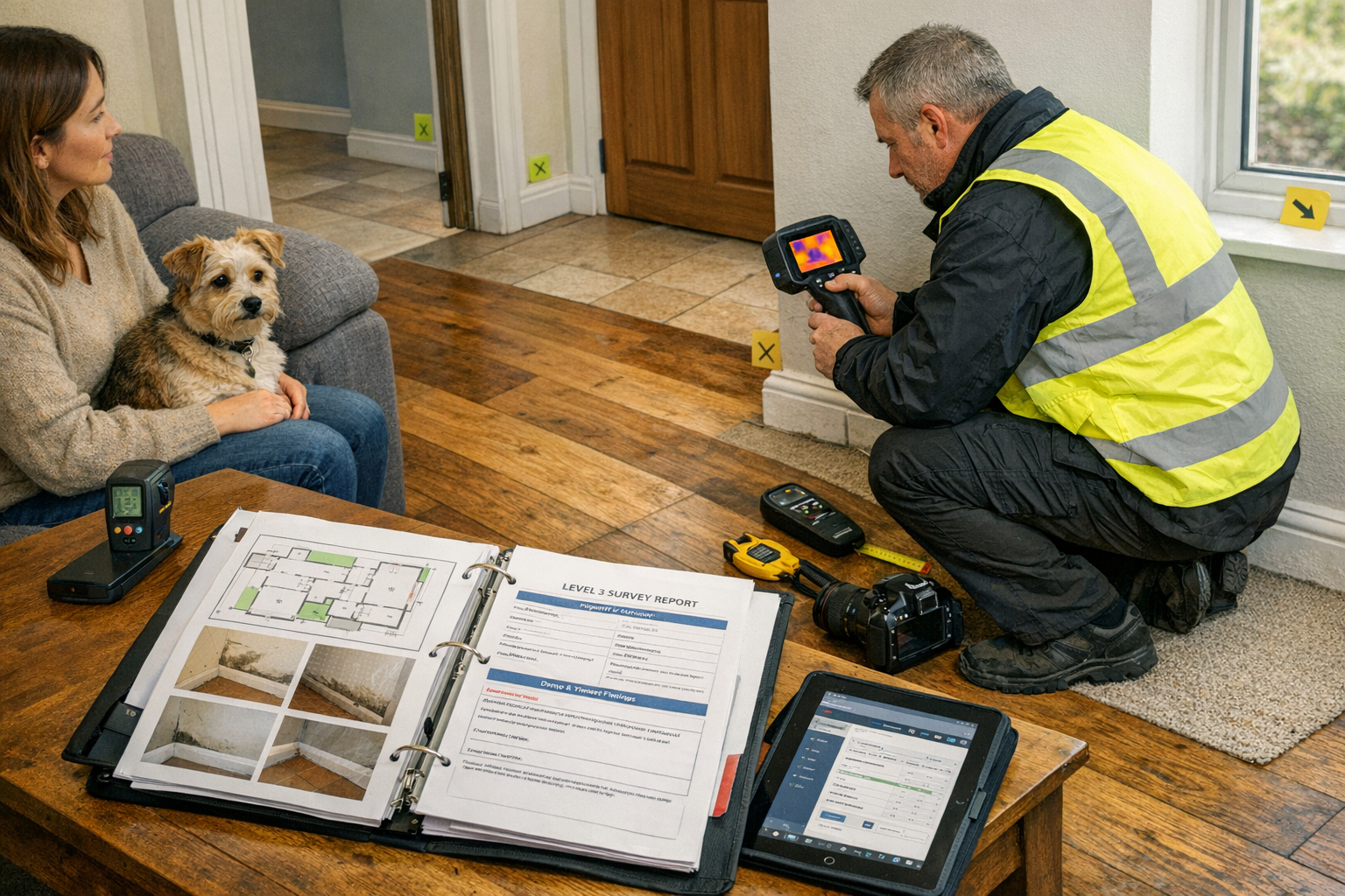 Detailed () image showing professional surveyor conducting Level 3 building survey in rental property living room.