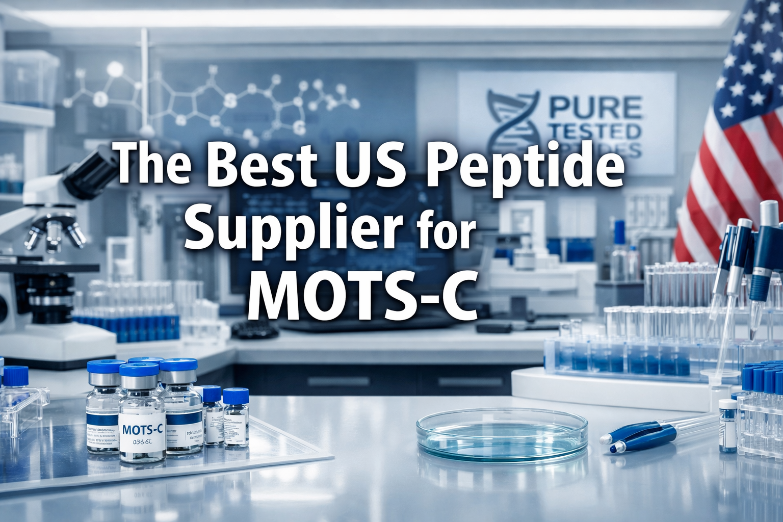 Professional landscape laboratory image (1536x1024) with bold text overlay 'The Best US Peptide Supplier for MOTS-C' in 70pt white sans-seri