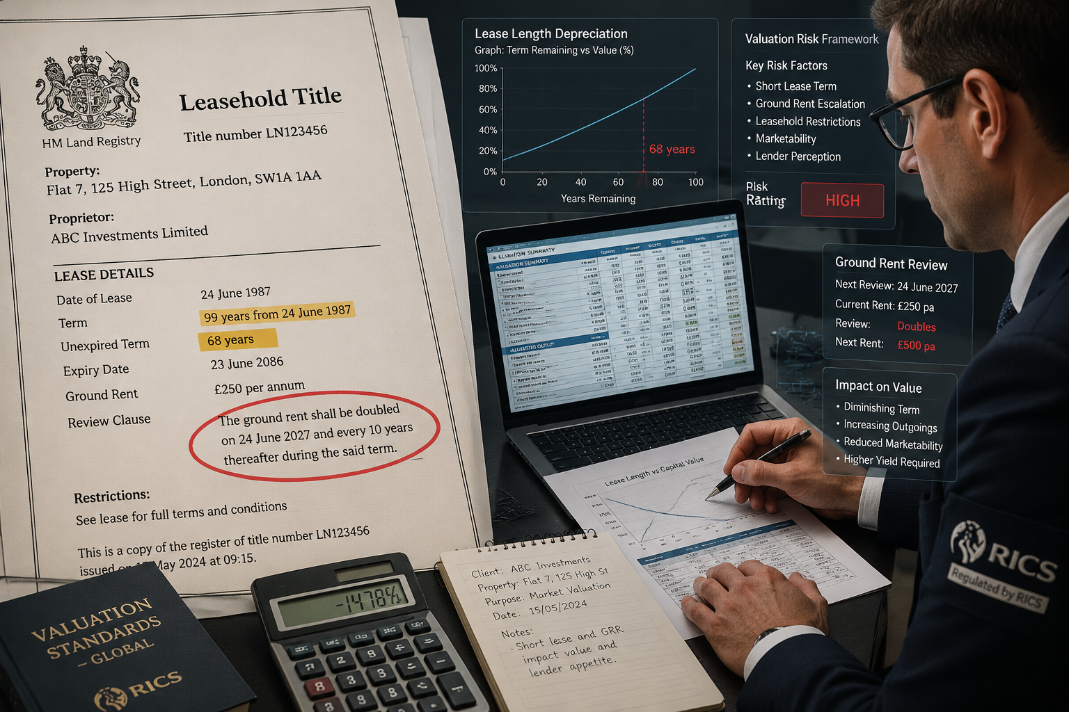 Detailed () editorial illustration showing a split-scene: left side features a UK leasehold property title document with a