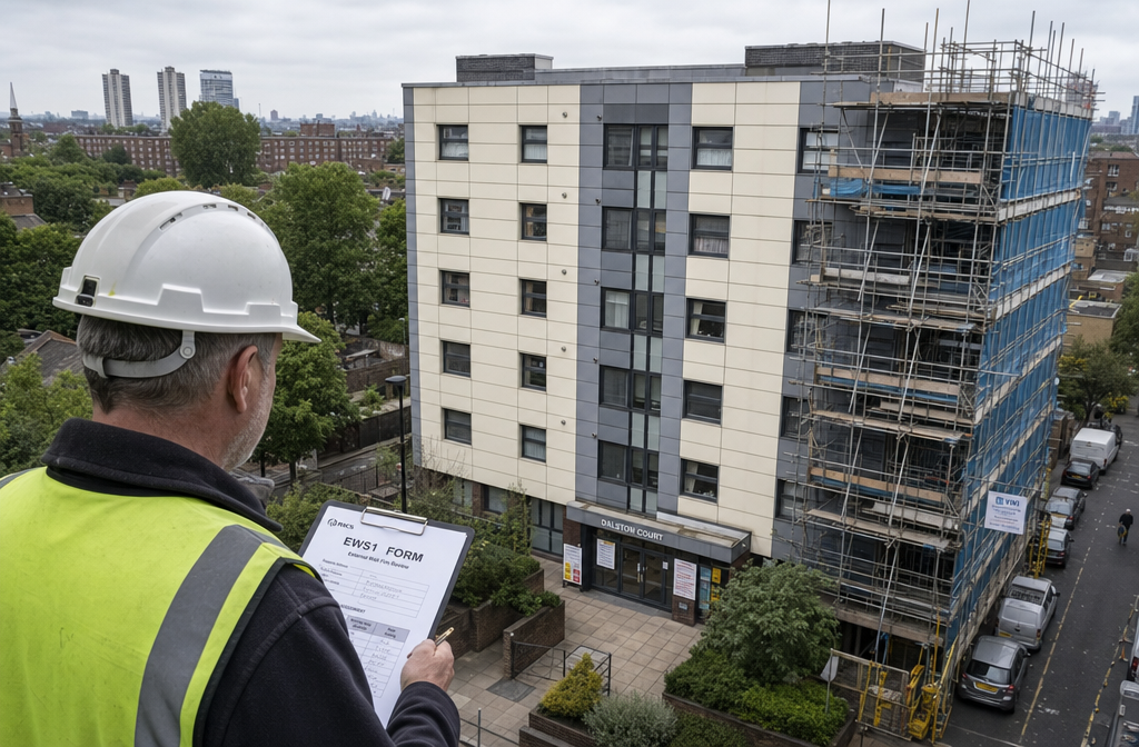 () aerial bird's-eye view of a UK residential apartment block with clearly visible external wall cladding panels,