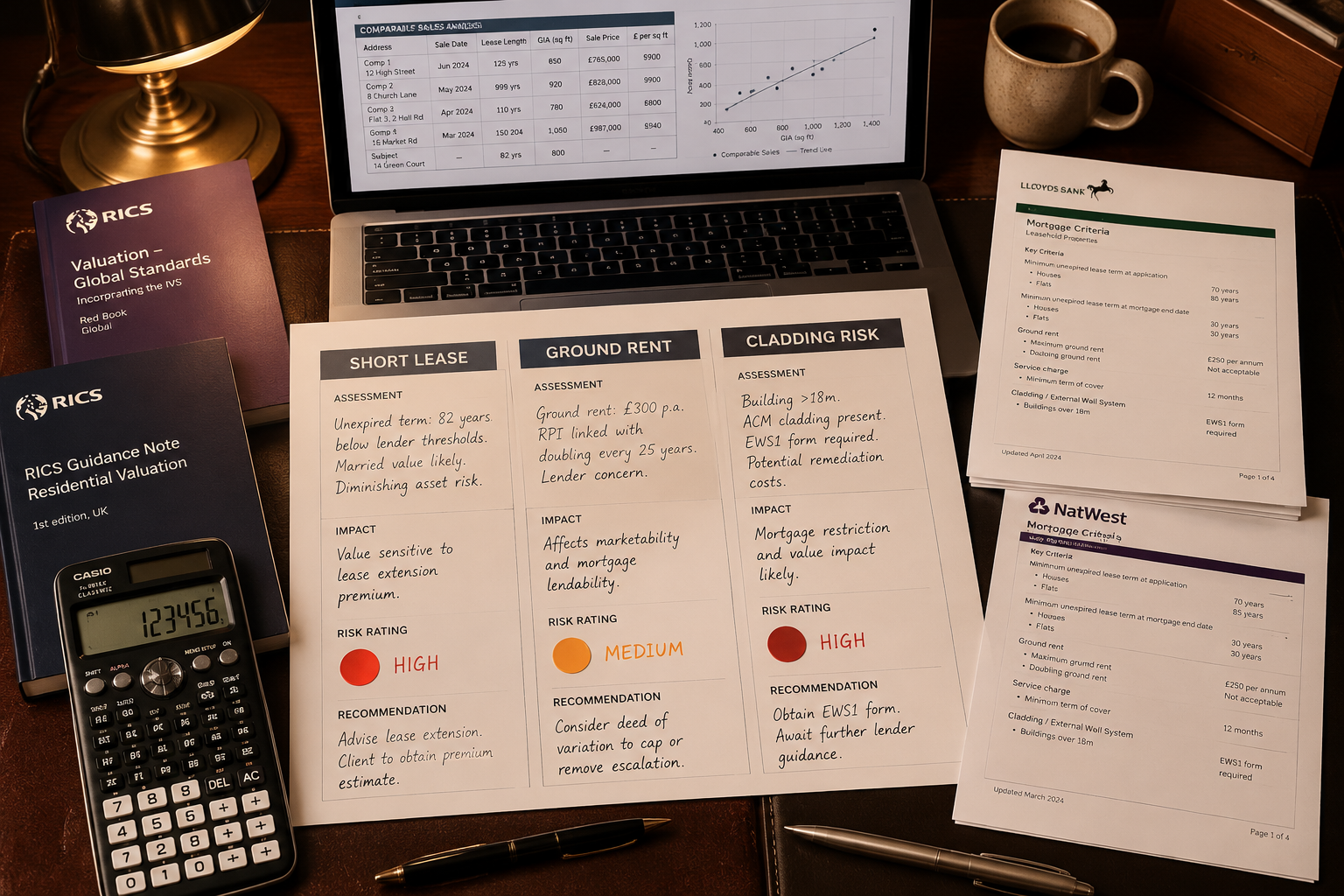 () close-up overhead shot of a professional surveyor's desk showing a structured valuation report framework: three clearly