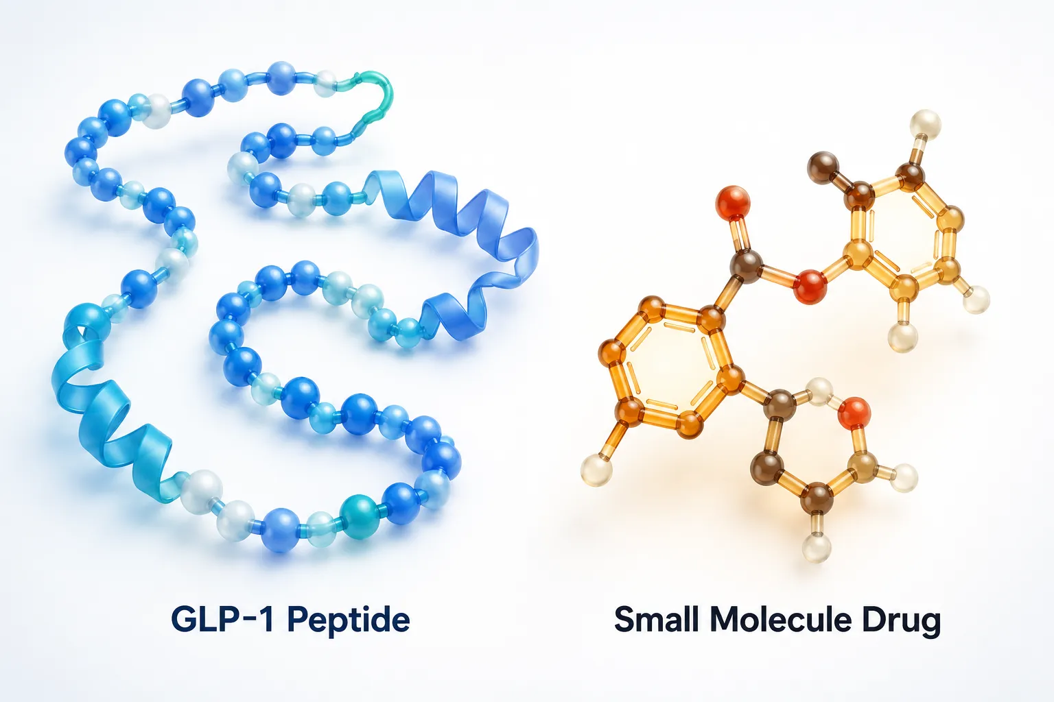 Bright isometric illustration () showing two distinct molecular structures side by side: left side depicts a long coiled