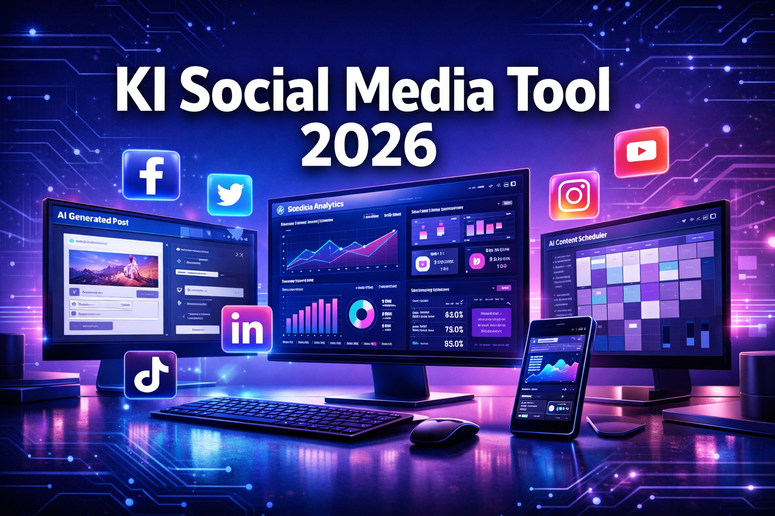 Professional landscape format (1536x1024) hero image featuring bold text overlay 'KI Social Media Tool 2026' in extra large 72pt white sans- - KI Social Media Tool 1 Professional landscape format (1536x1024) hero image featuring bold text overlay 'KI Social Media Tool 2026' in extra large 72pt white sans-