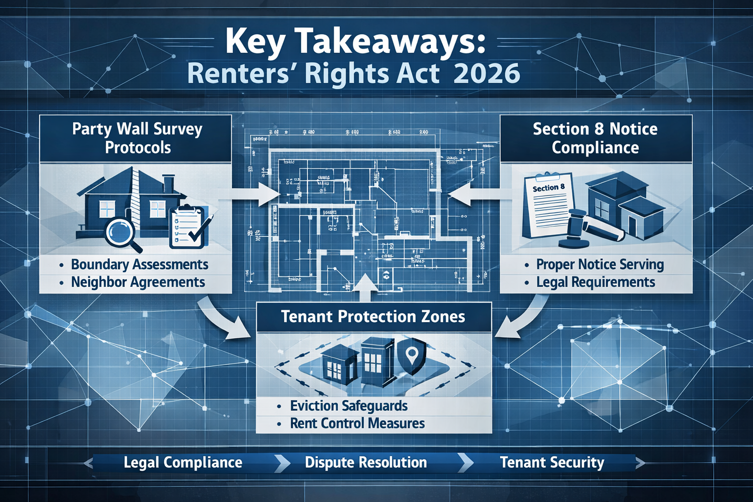 Infographic-style visualization depicting 'Key Takeaways' for Renters' Rights Act 2026, featuring a central architectural
