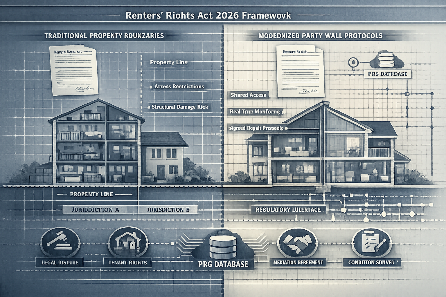 Comprehensive architectural rendering exploring the Renters' Rights Act 2026 Framework, showcasing a split-screen