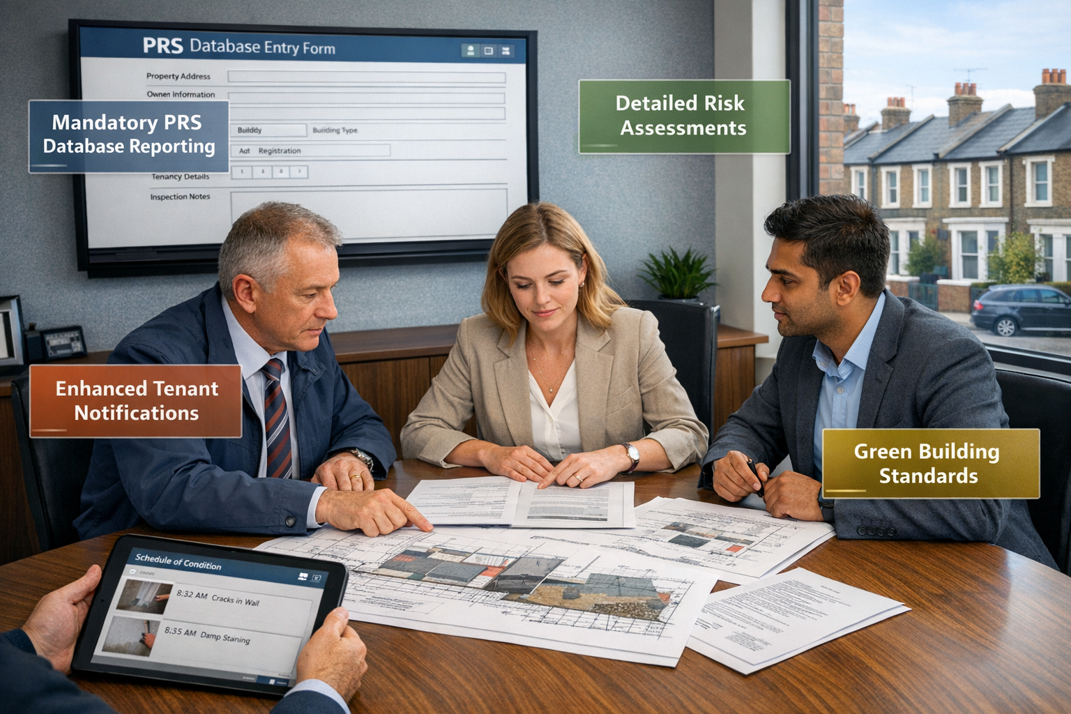 Detailed () image showing modern surveyor's office consultation scene with three people around conference table reviewing
