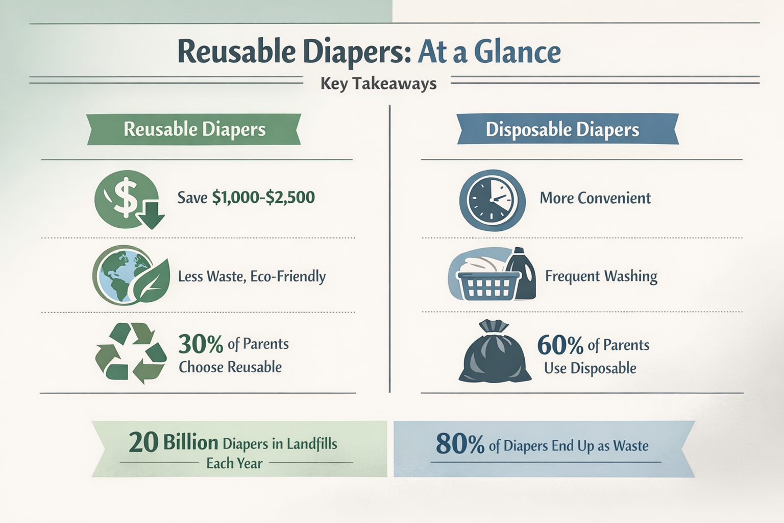 Infographic-style visual for 'Key Takeaways' section comparing reusable vs disposable diapers, featuring split-screen design with clean, min