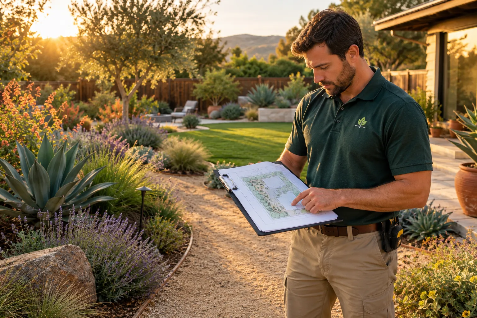 Editorial () cover image, no . A California suburban backyard transformation scene: a licensed landscaper in a branded polo