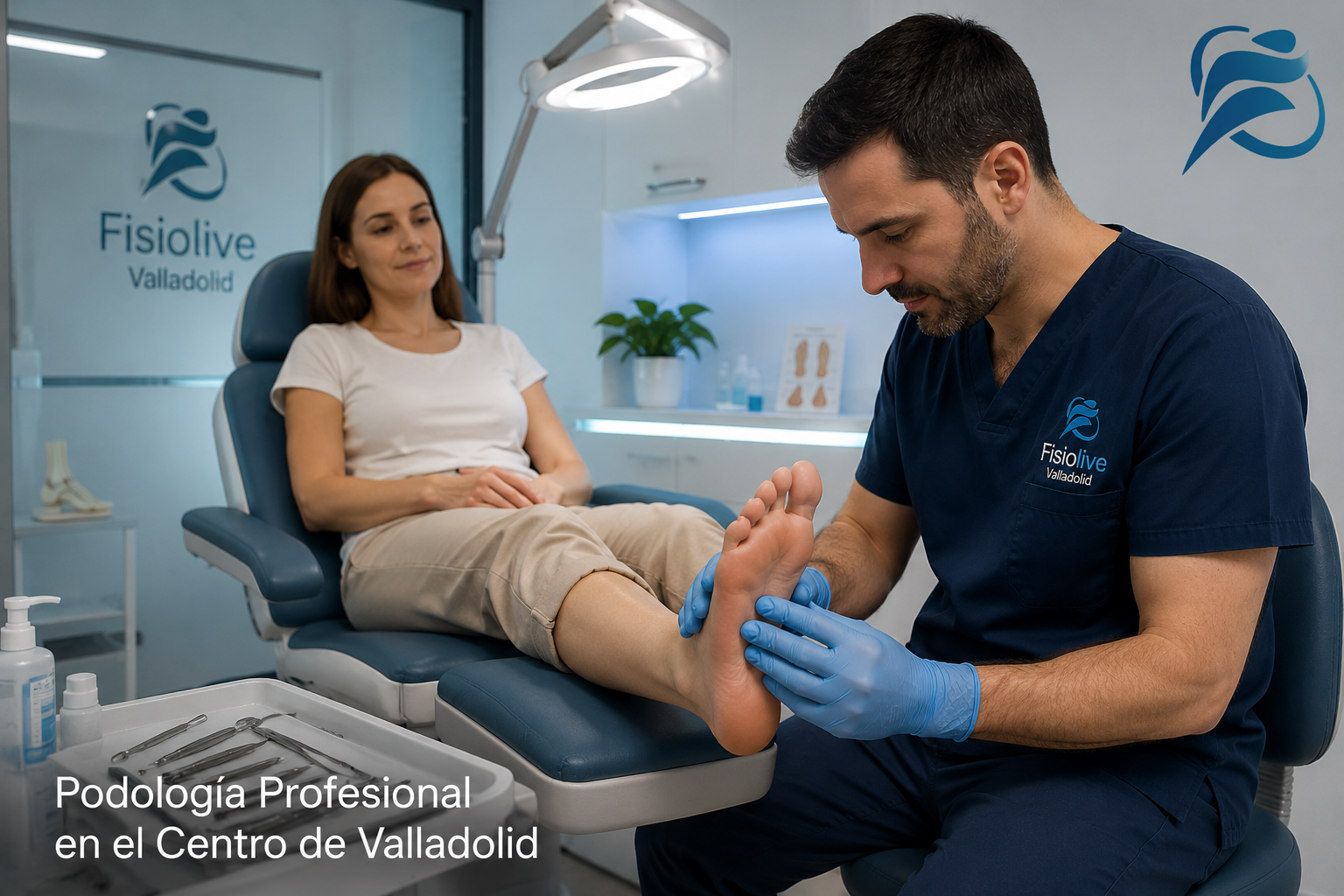 () clinical podology treatment room scene showing a podologist examining a patient's foot on a modern treatment chair,