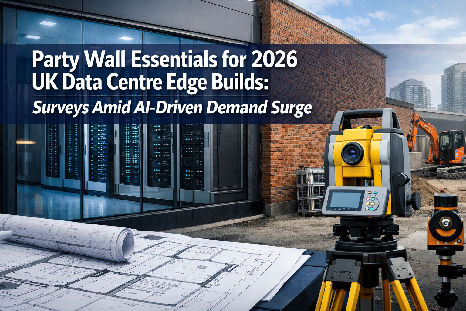Professional landscape format (1536x1024) hero image with bold text overlay 'Party Wall Essentials for 2026 UK Data Centre Edge Builds: Surv
