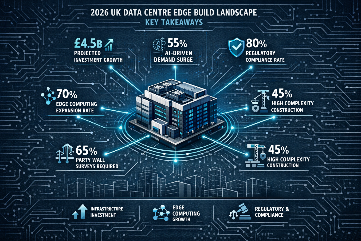 Infographic-style visual for 'Key Takeaways' section depicting the 2026 UK data centre edge build landscape, featuring a central isometric d