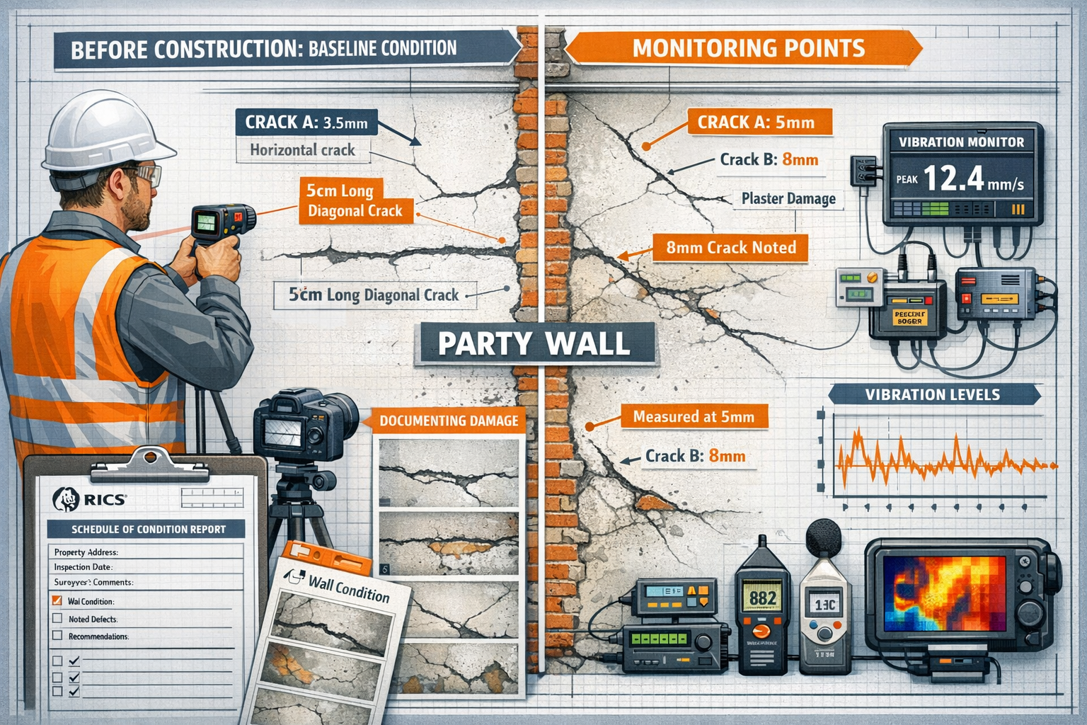 Detailed landscape format (1536x1024) technical illustration of schedule of condition documentation for high-vibration data centre works. Ce