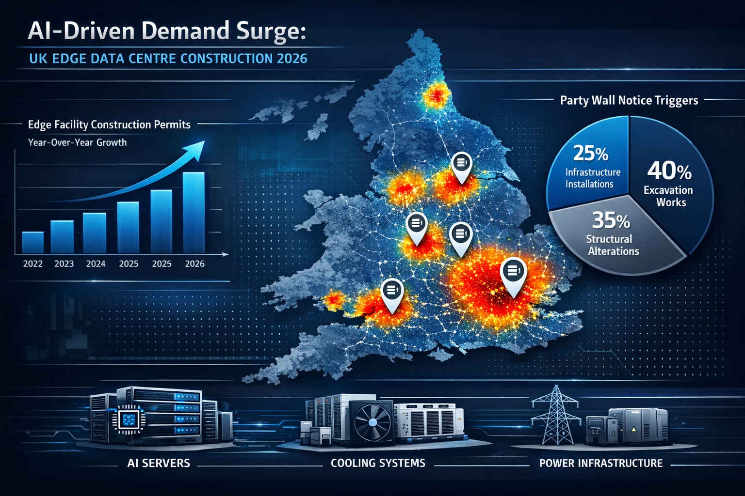Detailed landscape format (1536x1024) infographic showing AI-driven demand surge impact on UK edge data centre construction 2026. Central UK