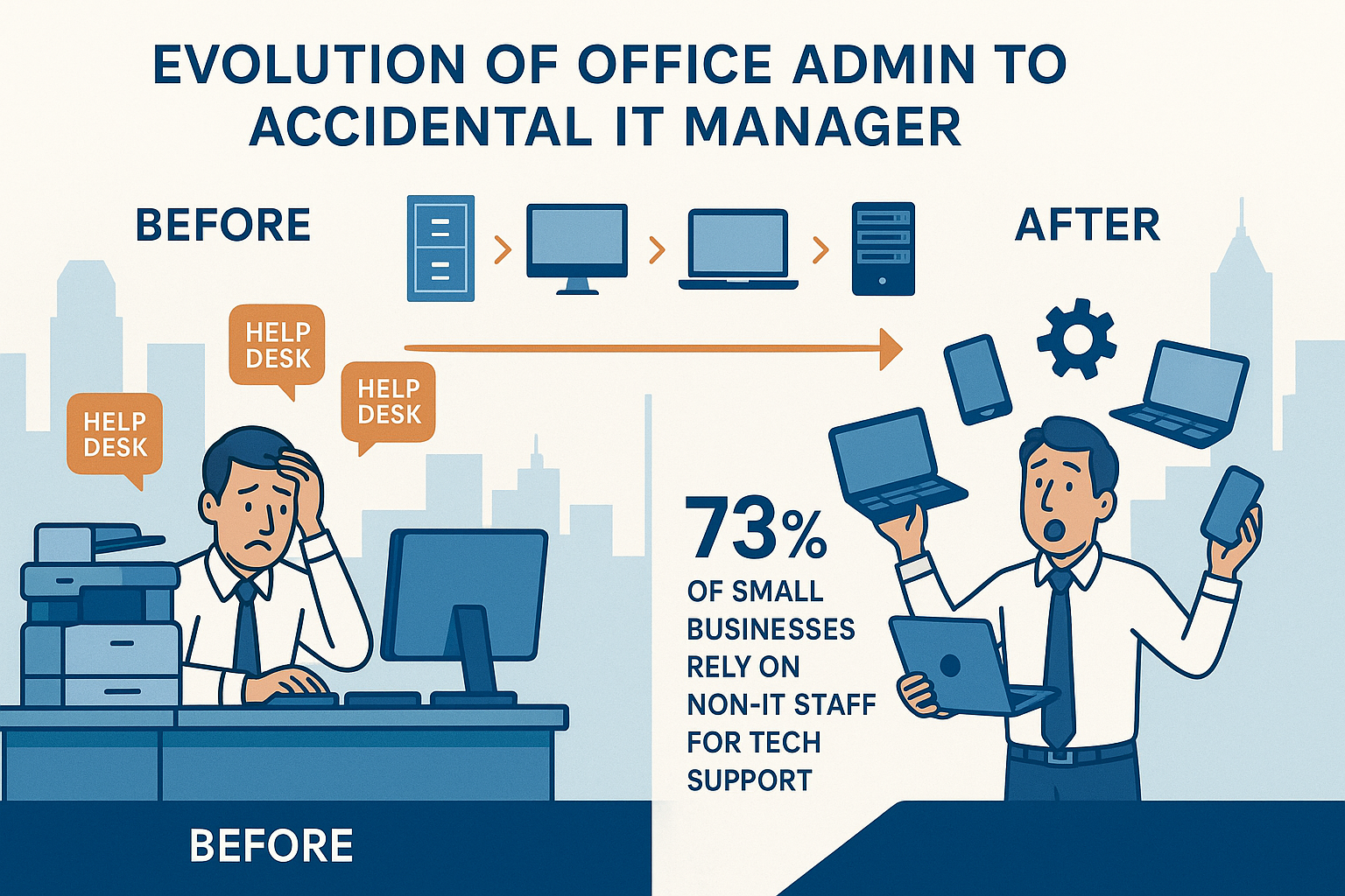 Detailed infographic showing the evolution of office admin to accidental IT manager, featuring before/after comparison with stressed office 