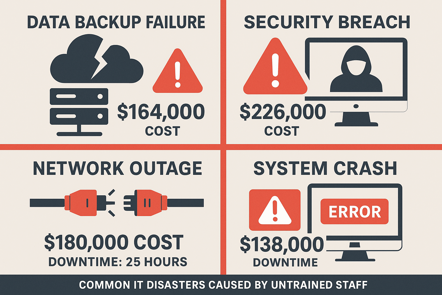 Comprehensive visual breakdown of common IT disasters caused by untrained staff, featuring split-screen layout showing multiple scenarios: d