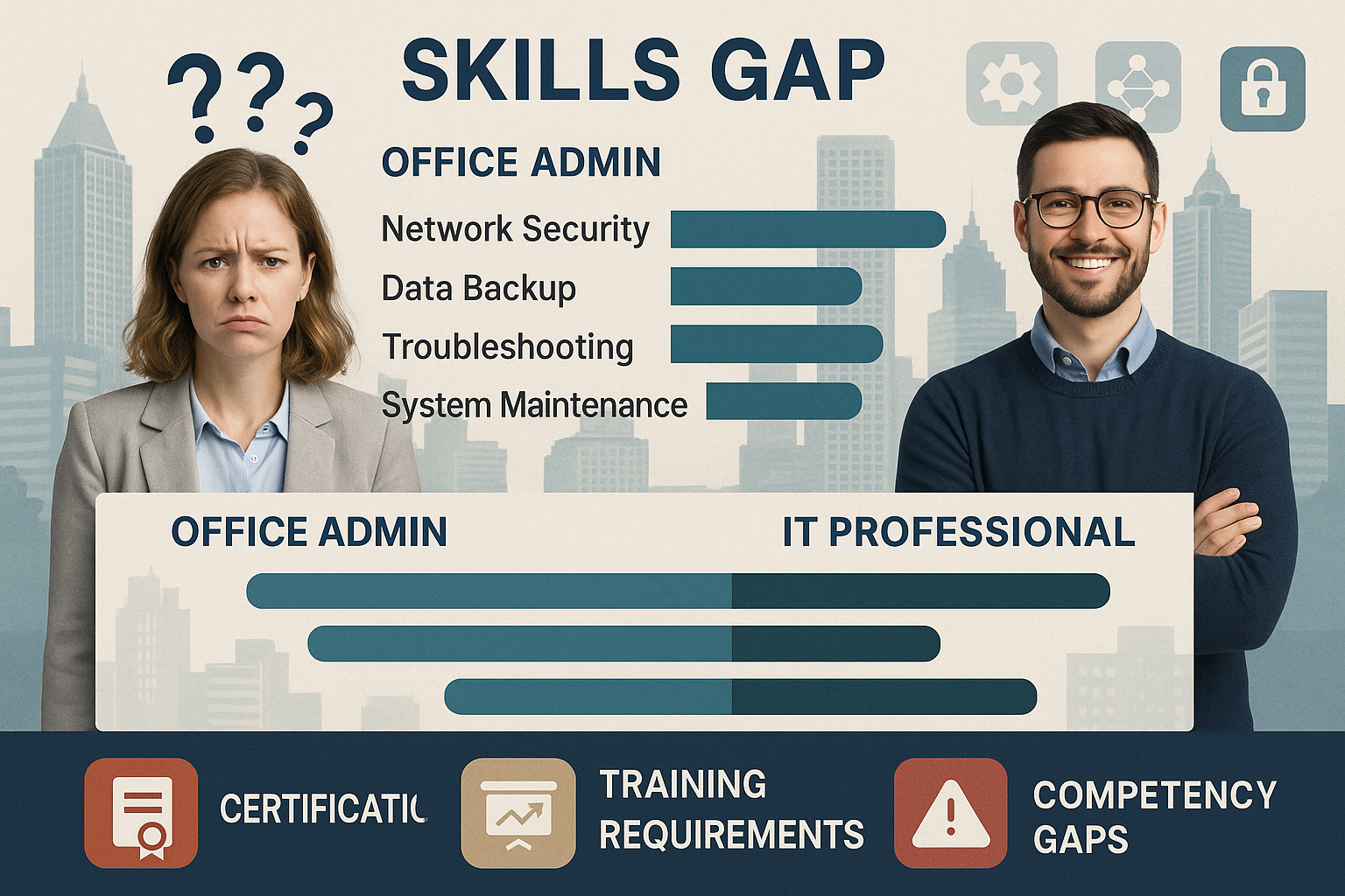 Detailed comparison chart showing skills gap between office administrators and IT professionals, featuring two professional headshots with s