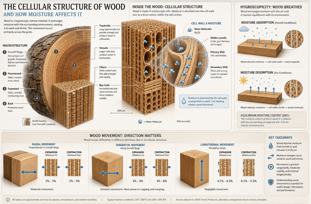 Detailed () image illustrating the cellular structure of wood and how moisture affects it, showing magnified cross-sections