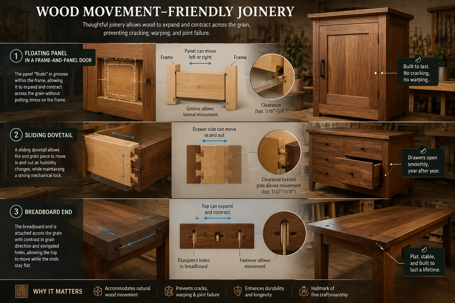 Detailed () image showcasing various joinery techniques specifically designed to accommodate wood movement, such as a