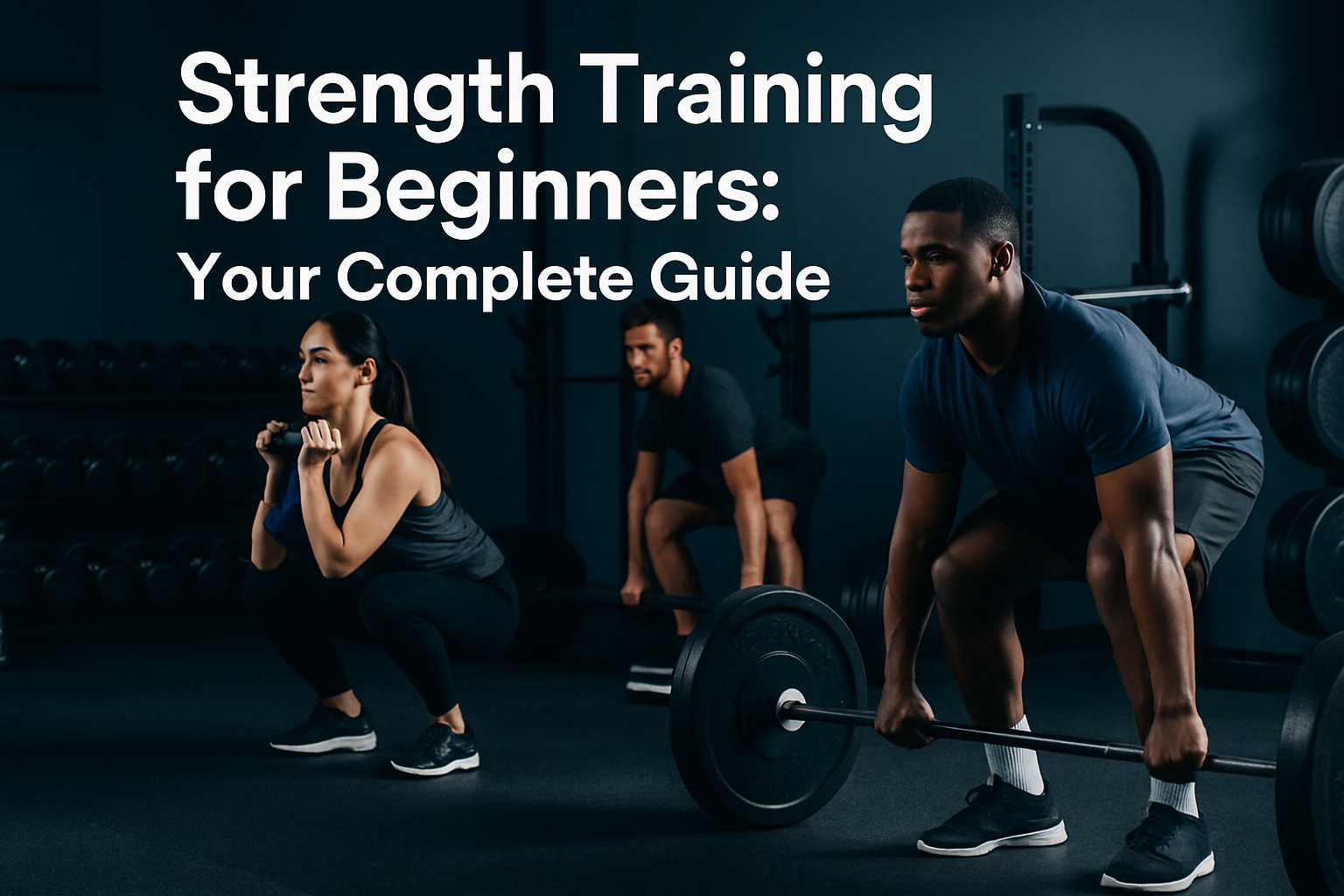 Professional landscape hero image (1536x1024) featuring bold text overlay 'Strength Training for Beginners: Your Complete Guide' in extra la