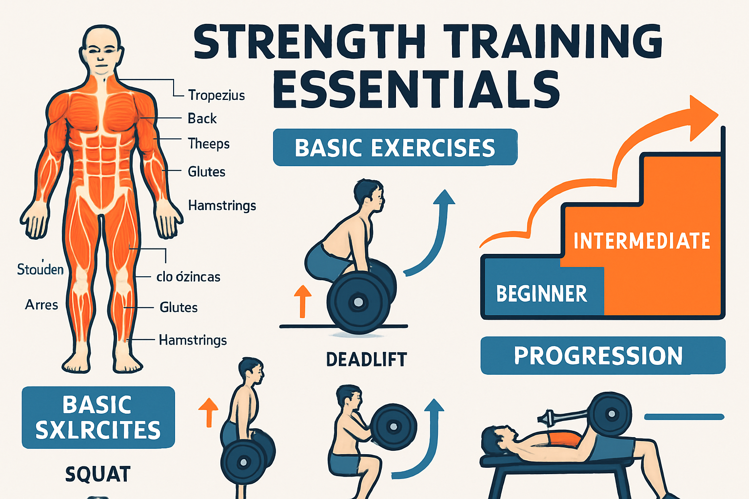 Detailed infographic showing strength training fundamentals with anatomical muscle group illustrations, proper form demonstrations for basic