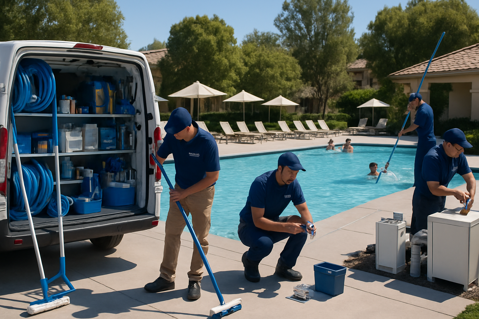 Wide shot of commercial pool maintenance team servicing large HOA community pool with multiple professionals cleaning, testing water chemist