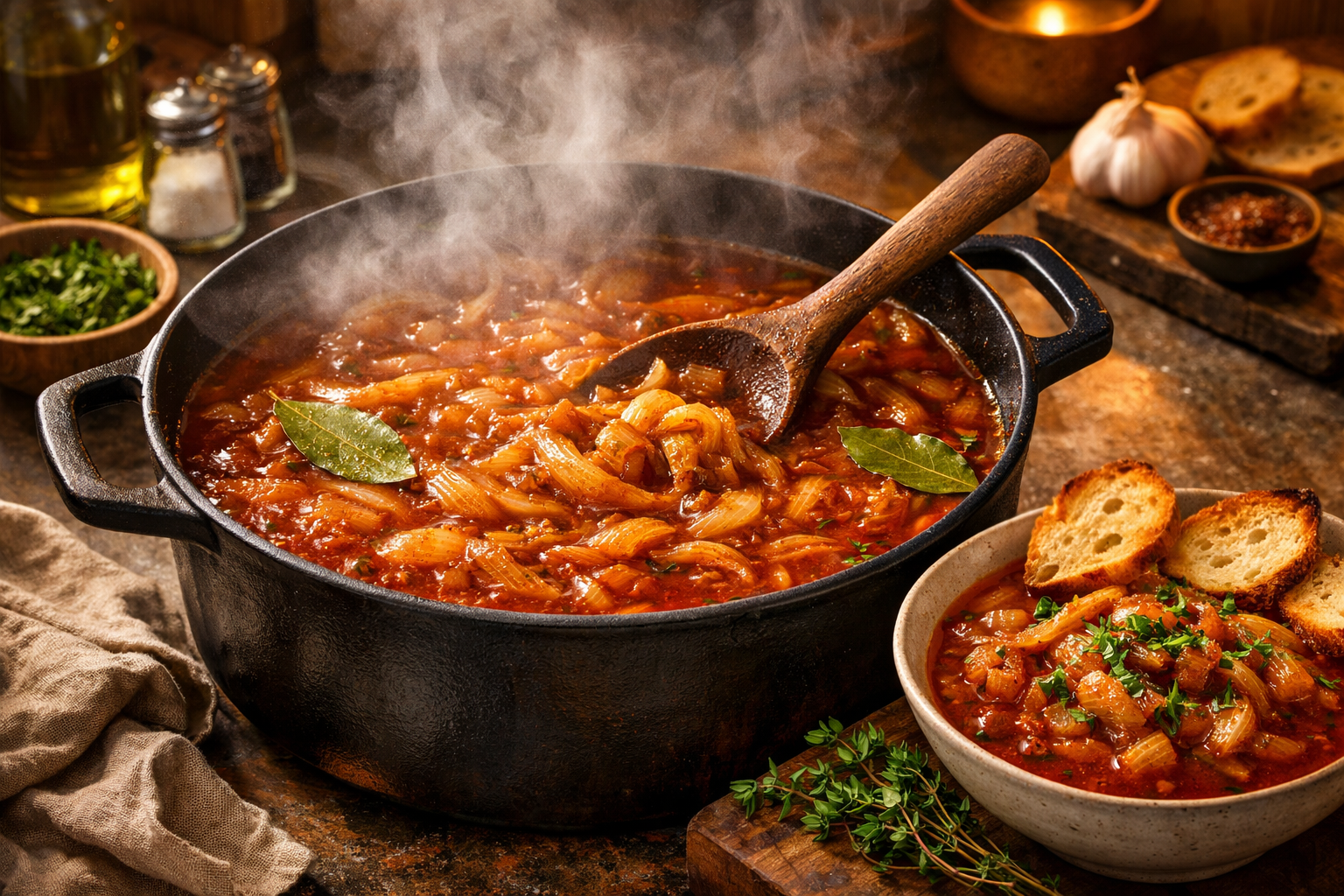 Landscape food photography (1536x1024) featuring large pot of bubbling spicy onion boil with golden caramelized onions in rich red-tinted br