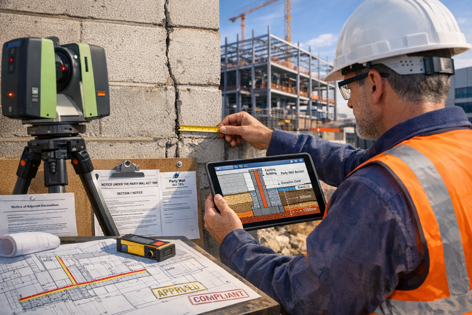 Detailed () image showing close-up view of party wall surveying process at data centre construction site. Scene features