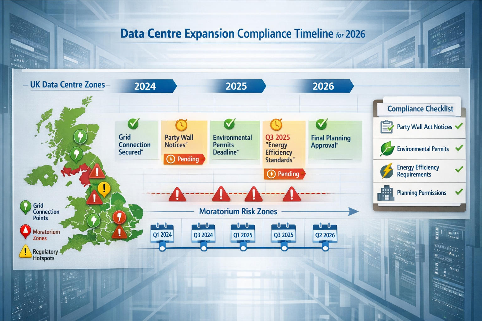 Detailed () infographic-style image illustrating data centre expansion compliance timeline and regulatory framework for