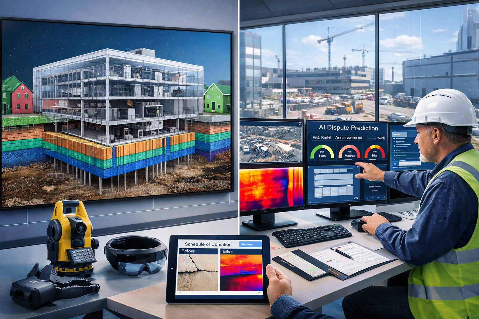 Detailed () image showcasing advanced technology tools for party wall management in data centre projects. Split-screen
