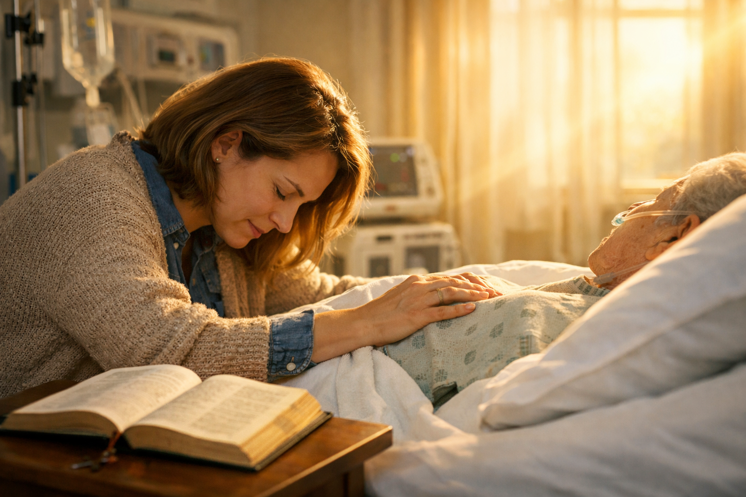 Uplifting landscape photograph (1536x1024) showing person kneeling in prayer beside hospital bed with gentle hand placed on patient's should