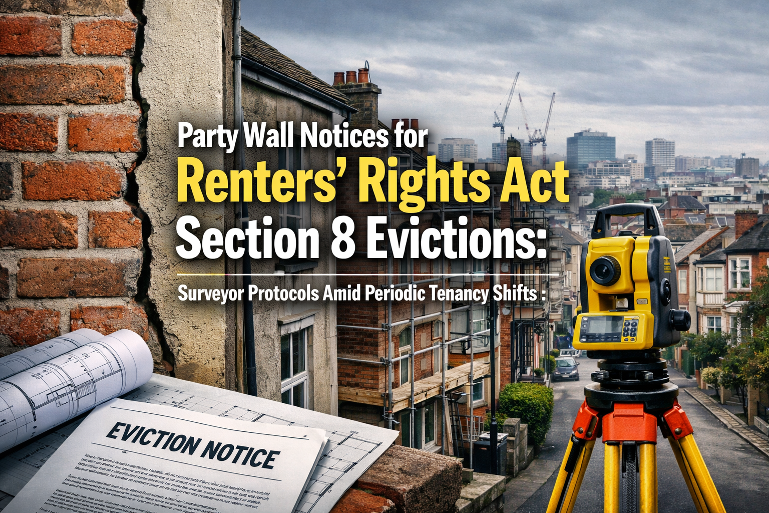 Professional landscape hero image () with : "Party Wall Notices for Renters' Rights Act Section 8 Evictions: Surveyor