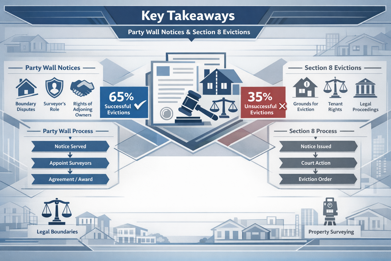 Comprehensive visual dashboard illustrating 'Key Takeaways' for Party Wall Notices and Section 8 Evictions, featuring a