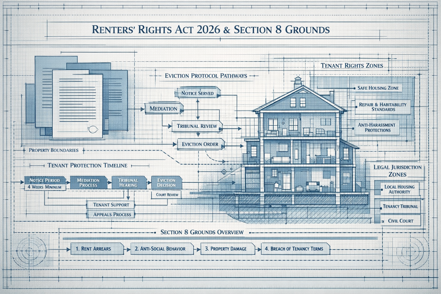 Detailed legislative framework visualization depicting the Renters' Rights Act 2026 and Section 8 Grounds, featuring a