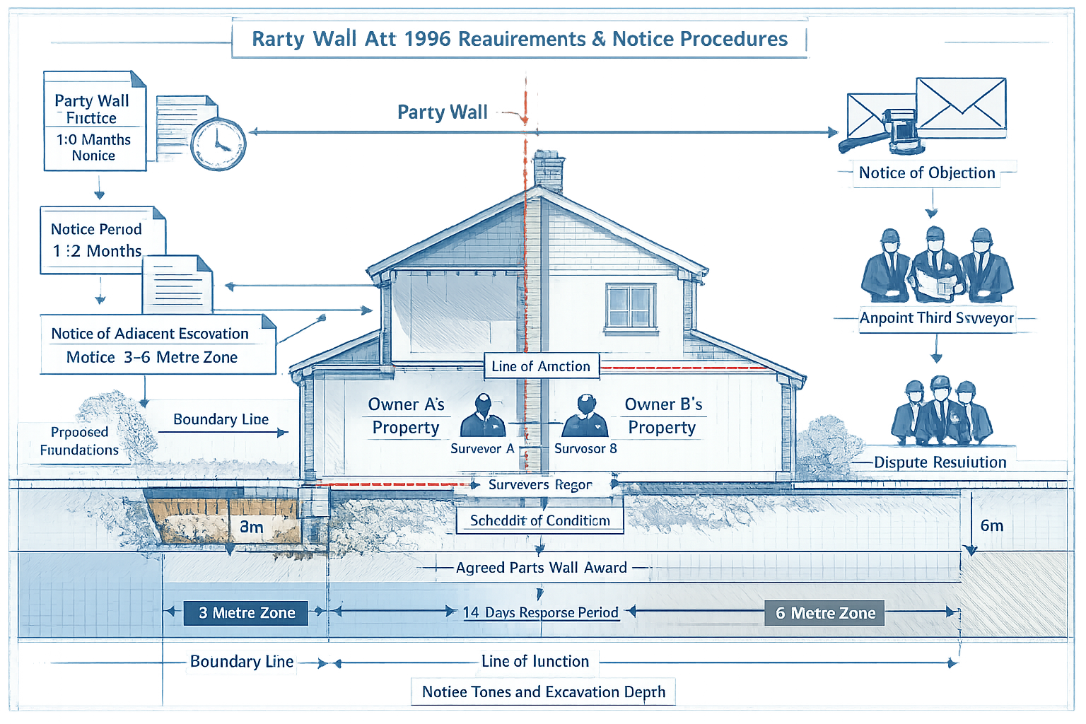 Comprehensive technical diagram illustrating Party Wall Act 1996 Requirements and Notice Procedures, featuring a detailed