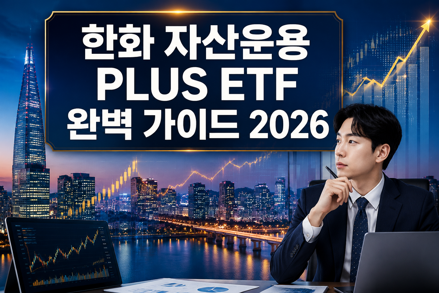 Professional () hero image featuring Korean '한화 자산운용 PLUS ETF 완벽 가이드 2026' in extra large white with deep navy