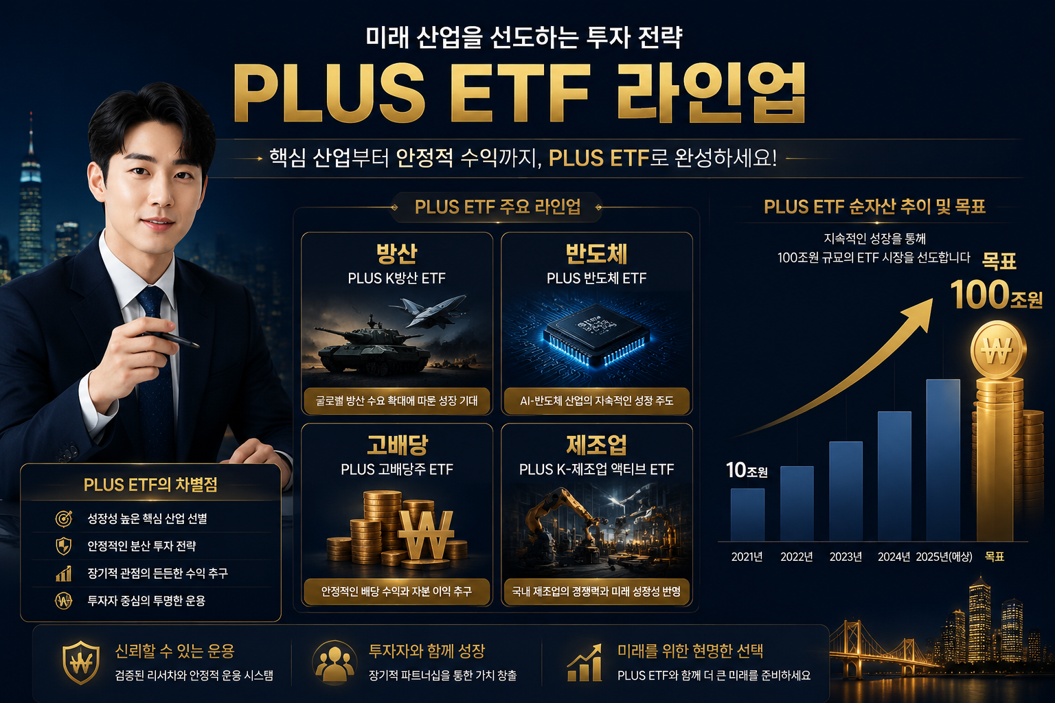 Wide-angle infographic landscape () showing PLUS ETF product lineup chart with Korean labels: '방산', '반도체', '고배당', '제조업'