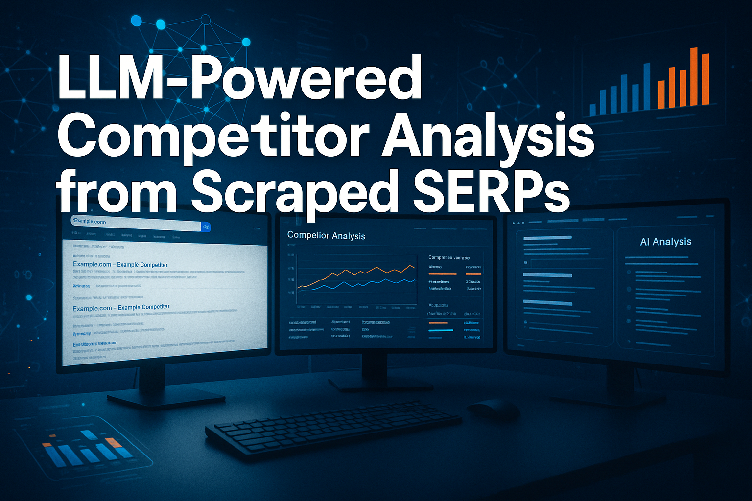 Professional landscape hero image (1536x1024) featuring bold text overlay 'LLM-Powered Competitor Analysis from Scraped SERPs' in extra larg