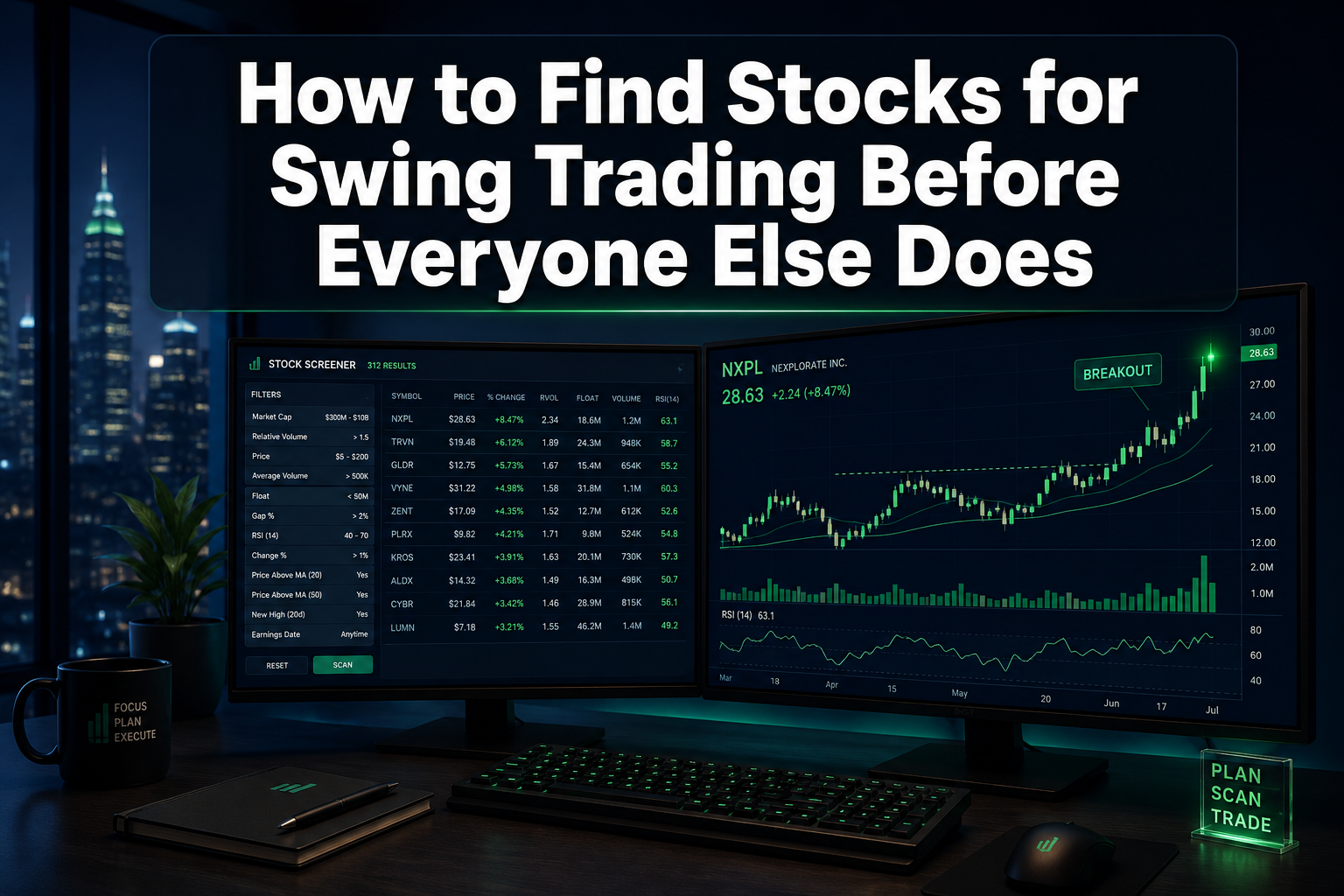 Professional () hero image with : 'How to Find Stocks for Swing Trading Before Everyone Else Does' in extra large white with