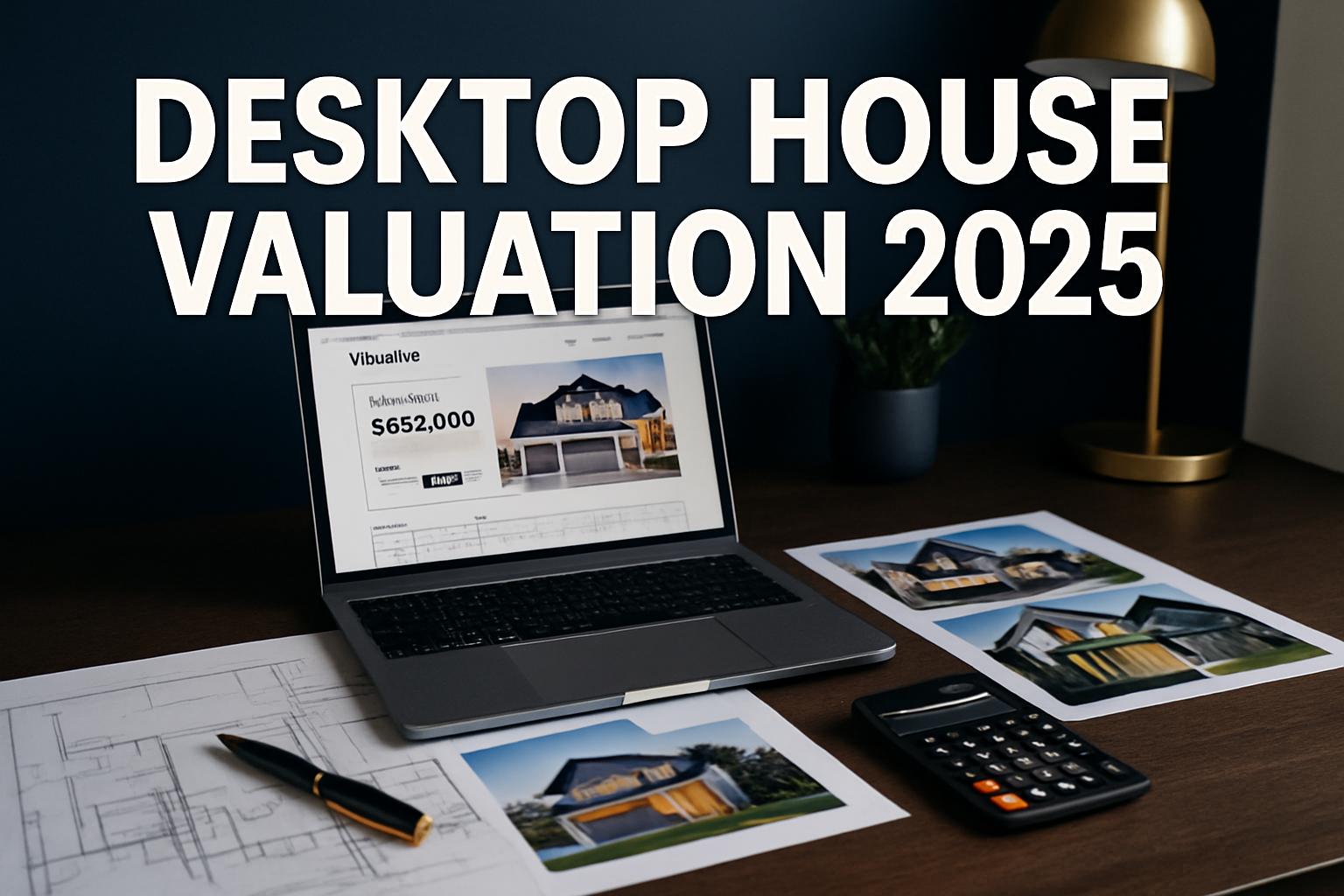 Professional landscape hero image (1536x1024) featuring bold text overlay 'Desktop House Valuation 2025' in extra large 72pt white sans-seri