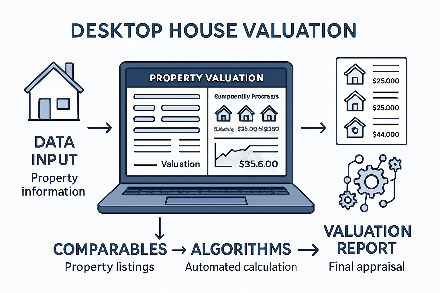 Detailed infographic showing desktop house valuation process workflow with laptop screen displaying property valuation software interface, m