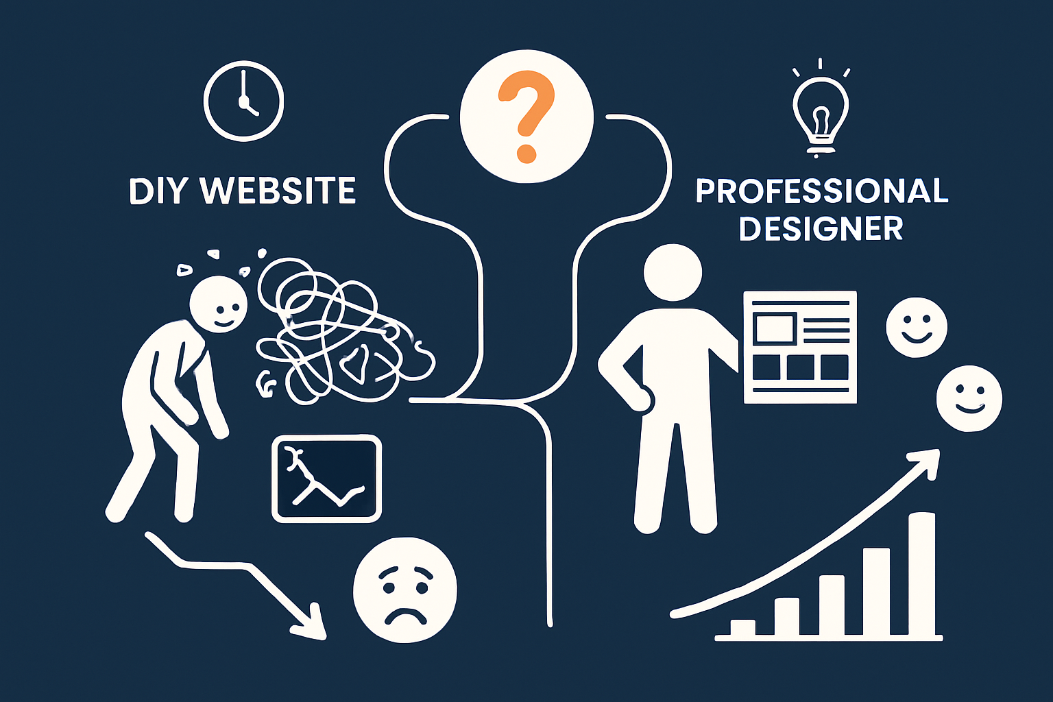 Detailed landscape illustration (1536x1024) showing visual comparison infographic with two paths: left path labeled 'DIY Website' shows stic